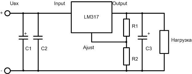 Стандартная схема включения микросхемы LM317. 